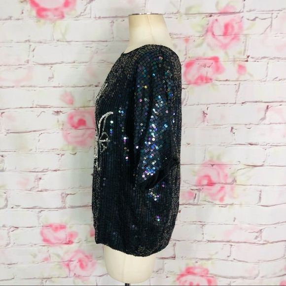 🔥5 for $25 sale🔥 Vintage Rainbow sequins dolman floral front silk blouse - Picture 9 of 9